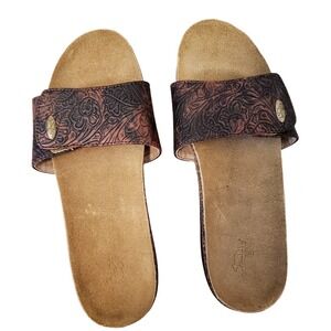 Bandals Tan Brown Leather Strap Textured Design Slides Sandals Size 7‎